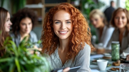 Woman with curly red hair smiles as she engages with friends at a lively cafe filled with plants