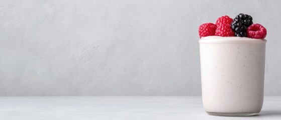 A white cup with raspberries and blackberries in it