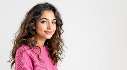 Fototapeta premium Portrait of Woman with Wavy Brown Hair Wearing Pink Sweater