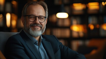 A man with glasses and a white beard is smiling contentedly in a cozy space surrounded by books