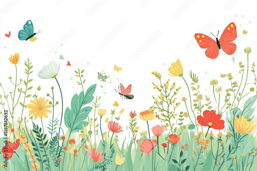 Aufkleber colorful meadow filled with flowers and butterflies creating a playful spring atmosphere in a sunny 