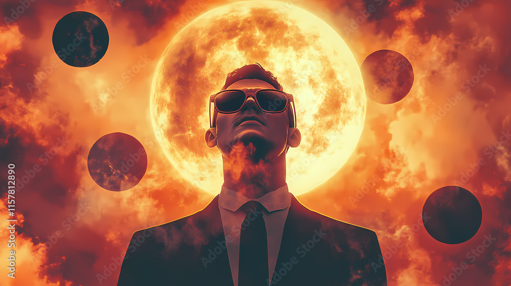 Wall mural The concept of the symbolism of the planets in astrology. metaphor of a solar eclipse. a man in a futuristic suit and glasses covered the sun. retro style. generated ai. Eclipticae. Illustration