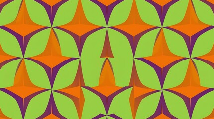 Vibrant Geometric Pattern:  A seamless repeat of stylized orange and purple flowers on a lime green background. Perfect for textile design, wallpaper, or modern decor.