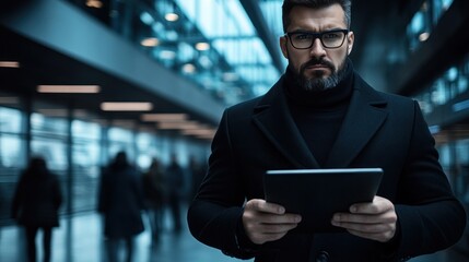 Man holds tablet while standing in a sleek urban setting during evening twilight with others around