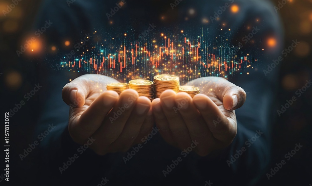 Poster hands holding coins with digital data visualization in the background.