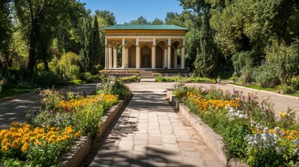 Obraz premium Beautiful Park Pathway with Colorful Flowers and a Gazebo