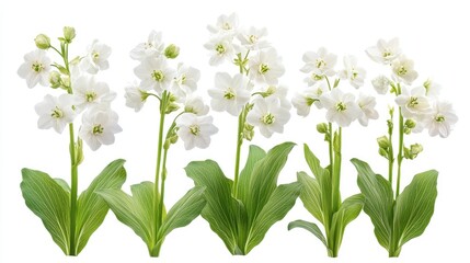 Fototapeta premium Elegant Group of White Flowers with Green Leaves on a Pristine White Background