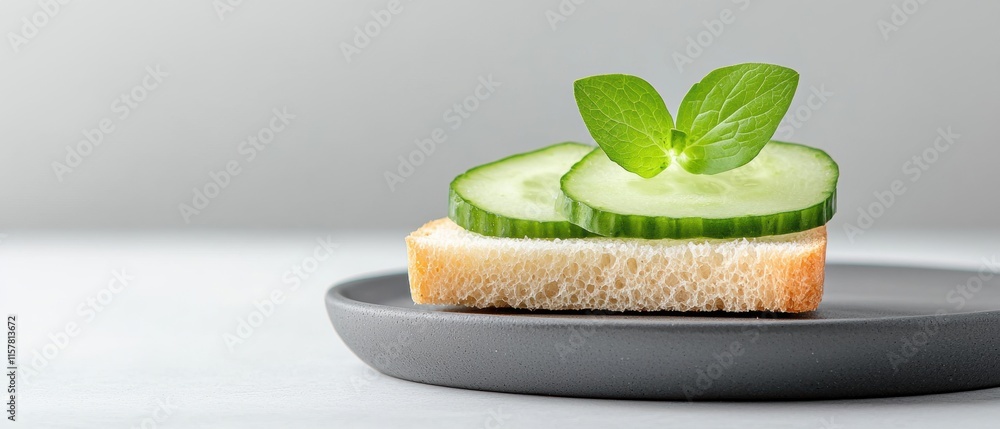 Poster a slice of bread with cucumber slices and a green leaf on top