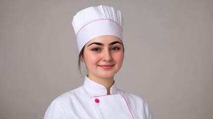 A young chef stands proudly wearing a white uniform and hat, showcasing culinary passion and professionalism