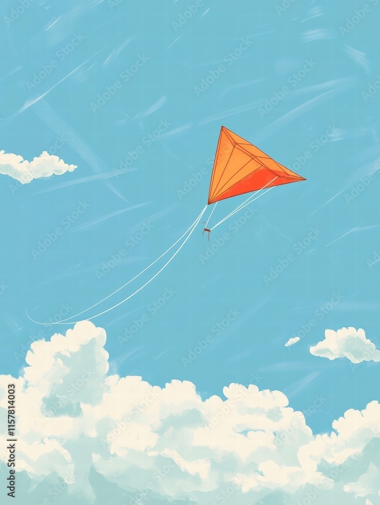 Poster Colorful kite soaring in a clear blue sky with fluffy clouds and space for creative text placement. Generative AI