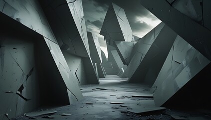 Obraz premium Grey Fractured Geometric Pathway Under Dark Sky