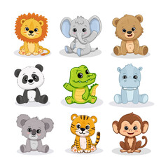  Set of cartoon cute animals including lion, tiger, hippopotamus, bear, panda, koala, monkey, crocodile and elephant. Jungle and forest animals for magazines,  postcards. Vector illustration
