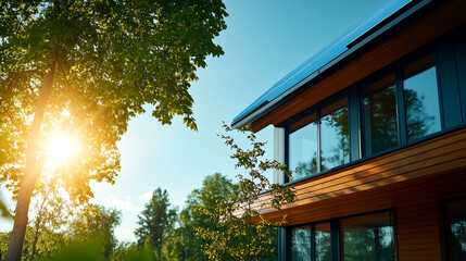 Modern house rooftop adorned with solar panels under bright sunlight in a serene environment