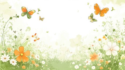 Colorful meadow filled with playful flowers and butterflies in a serene outdoor setting. Generative AI