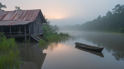 Fototapeta premium Serene Misty Morning at Rustic Cabin by Calm Water with Lonely Boat
