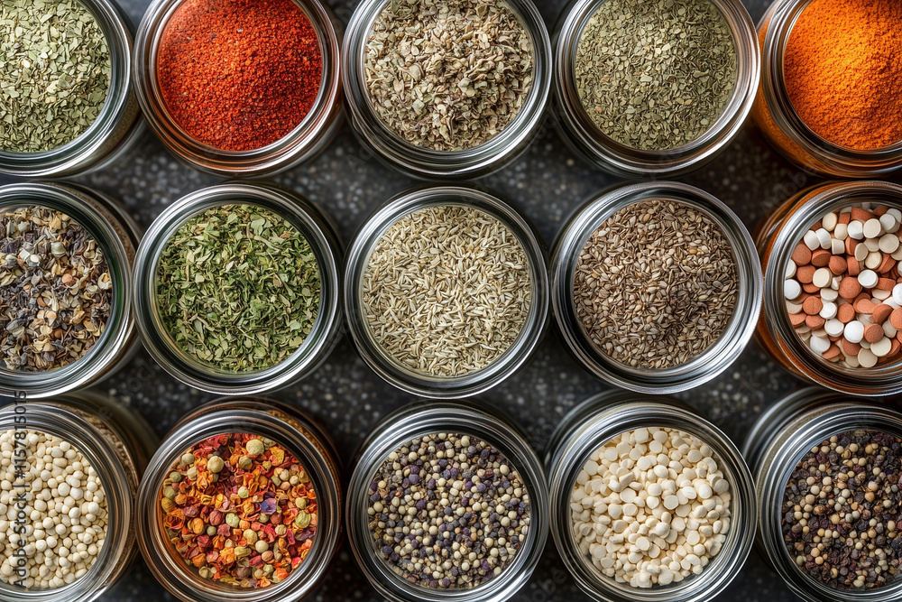 Poster row of jars filled with various spices and herbs. the jars are lined up in a row, with some of them 