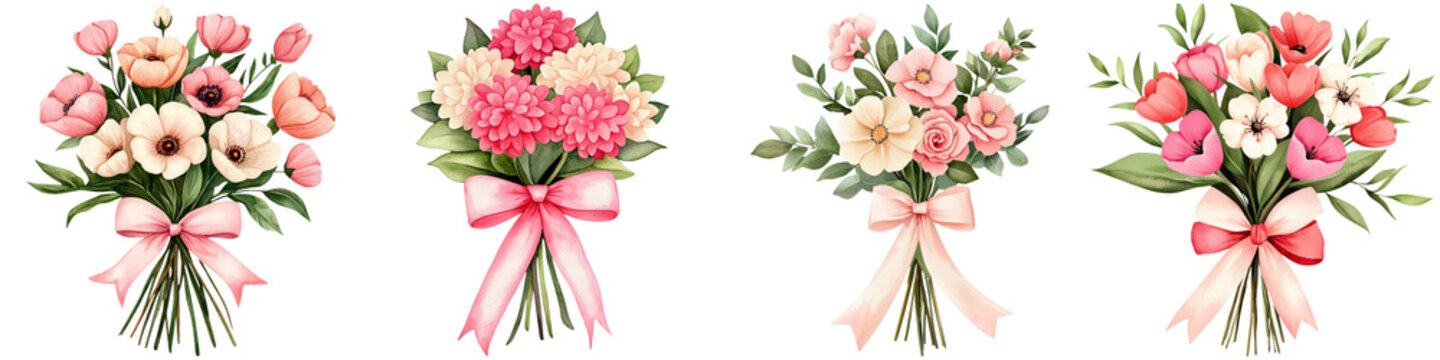 Galantine Day and friendship holiday, A series of beautifully arranged floral bouquets featuring various pink flowers and decorative ribbons.