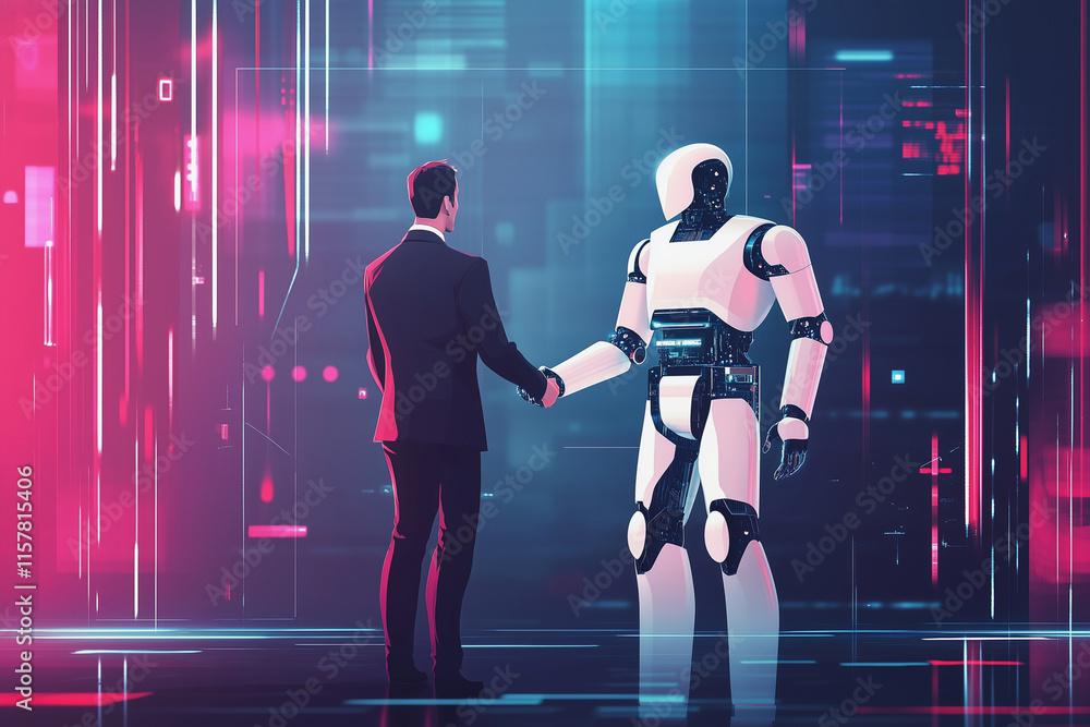 Poster man and a robot are shaking hands in a futuristic setting. the robot is white and has a robotic arm.