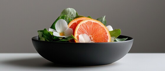 A bowl of fruit with a grapefruit and a bunch of flowers