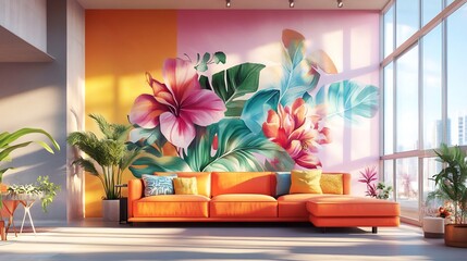 Vibrant Floral Mural Brightens Modern Living Room: 3D Render Illustration. AI Generated