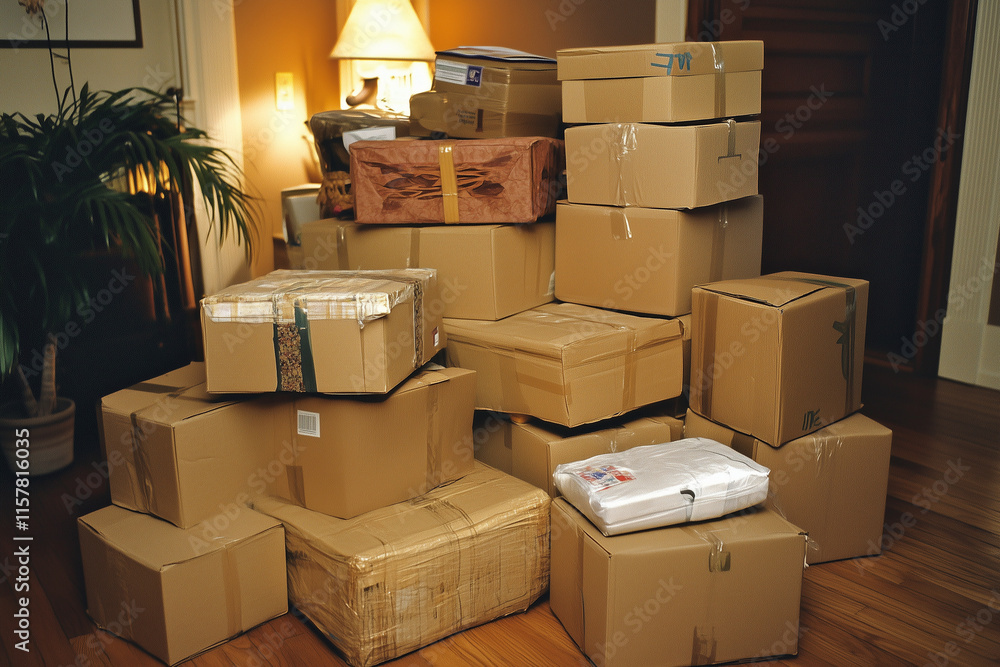 Poster pile of cardboard boxes stacked on top of each other. the boxes are of different sizes and colors
