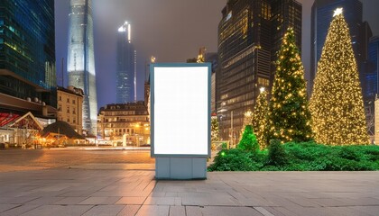 Mockup of a Blank Billboard Displayed in a Stores Street Showcase Window at Night in a Bustling City, Ideal for Advertising Campaigns and Promotions