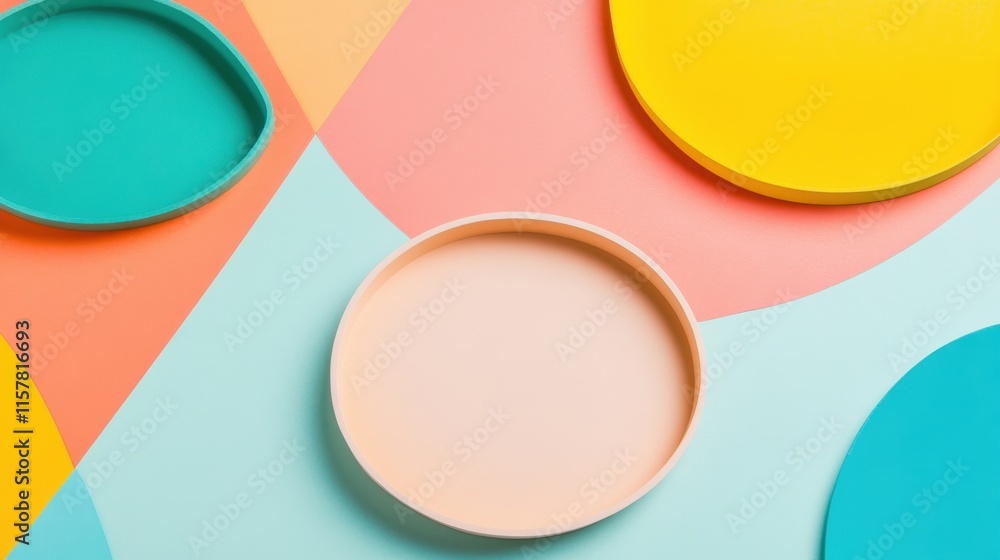 Poster colorful geometric composition featuring round plates and background patterns