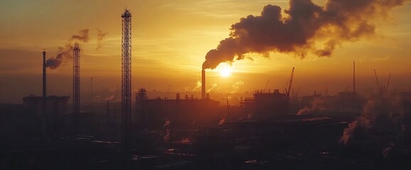 Industrial landscape at sunset with smoke and silhouettes of structures.