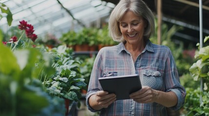 woman in her garden smiling with a tablet
