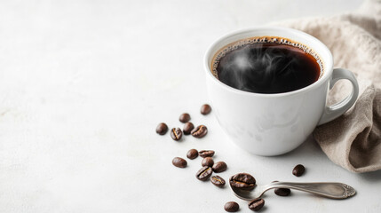 Steaming cup of black coffee with roasted beans.