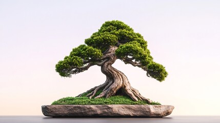 Serene Bonsai Tree: Detailed 3D Render, Tranquil Minimalist Style. AI Generated