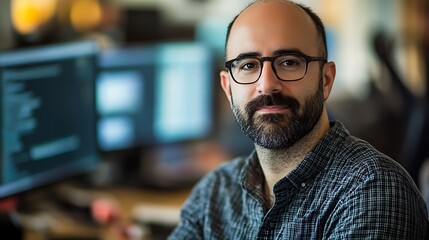 Obraz premium Close-up Photo: Serious Programmer Intensely Gazing at Camera in Busy Office. AI Generated