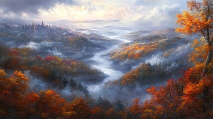 Fototapeta premium Serene Hills with Misty River and Lush Forests