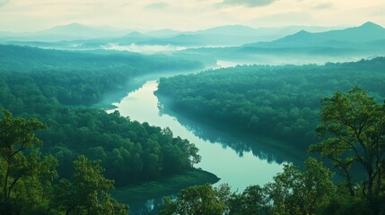 Serene Landscape with Winding River and Misty Mountains