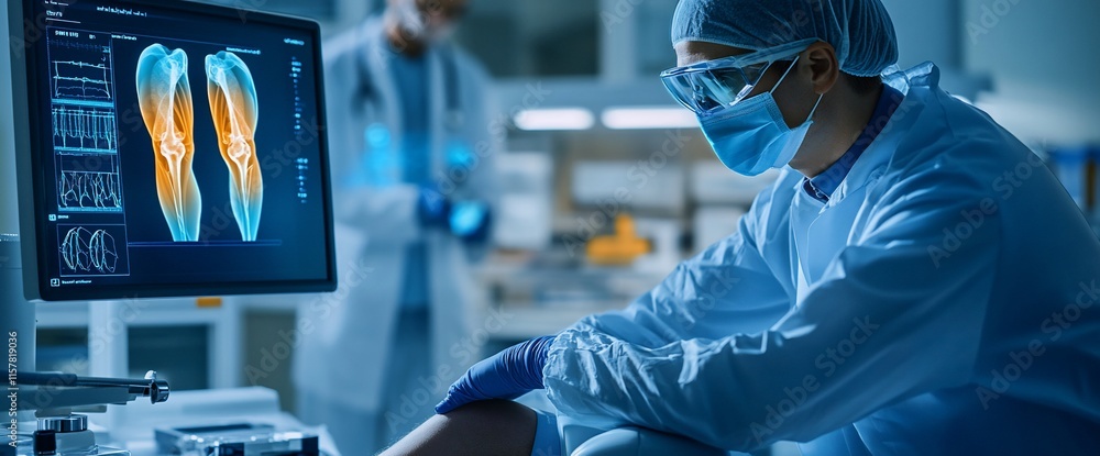 Poster medical professionals analyzing knee scans on a computer in a lab setting.