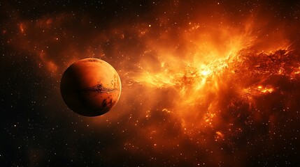 Fototapeta premium Fiery Nebula Exploding Near Crimson Planet: Stunning Wide Shot Space Photo. AI Generated