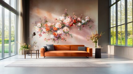 Vibrant Floral Wall Mural Photo: Stunningly Detailed Interior Design Showcase. AI Generated