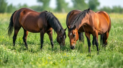 Obraz premium Three Horses Grazing in a Lush Meadow