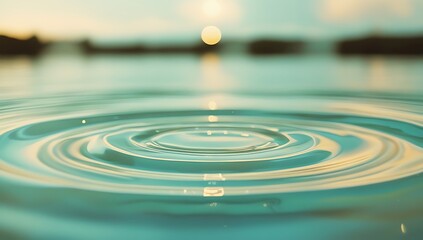 Water droplet ripples serene sunset lake scene