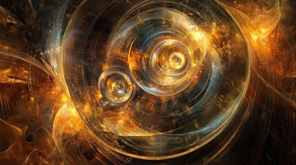 Abstract fractal art with swirling golden patterns and luminous orbs.
