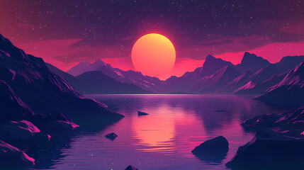 Moonlit night over tranquil lake. generative ai. Eclipticae. Illustration