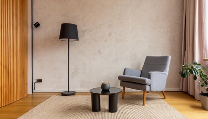 Elegant Japandi Living Room Featuring Textured Empty Wall in Neutral Tones A Perfect Blend of Minimalism and Comfort for Modern Interiors