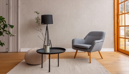 Stylish Modern Living Room Featuring a Textured Empty Wall in Neutral Tones A Beautiful Japandi Interior Design Inspiration for Contemporary Home Decor
