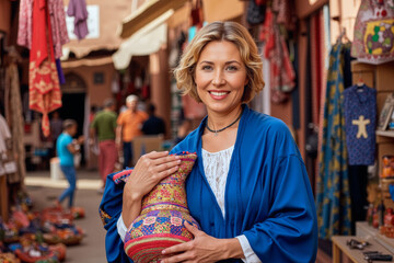 Obraz premium A lifestyle portrait photo of a person: A woman in a blue robe holding a colorful vase.