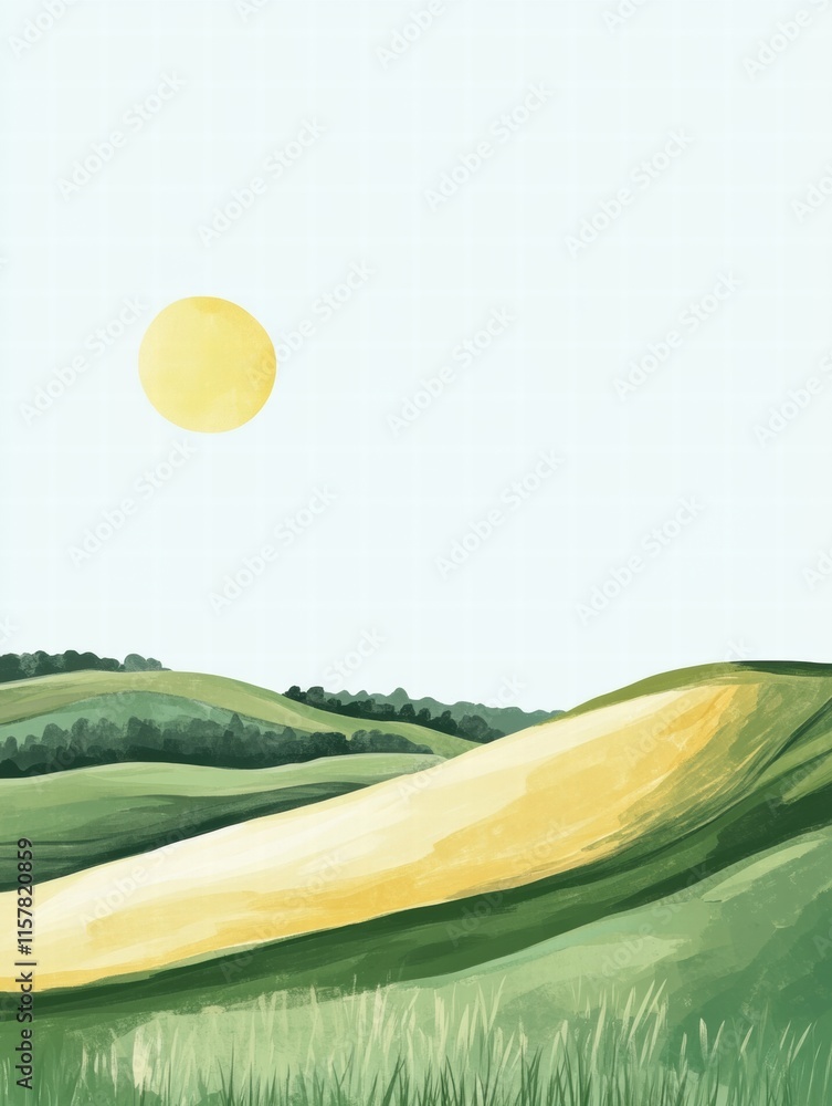 Poster Bright sun above rolling green hills with open space for text and artistic expression. Generative AI