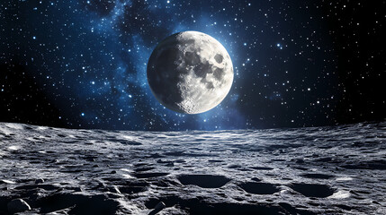 Mystic full moon shining on the lunar surface under a starry night sky. Eclipticae. Illustration