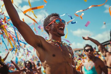 A vibrant capture of a lively Brazilian street carnival, showcasing a shirtless man dancing energetically among a festive crowd, colorful decorations, and confetti filling the air.

