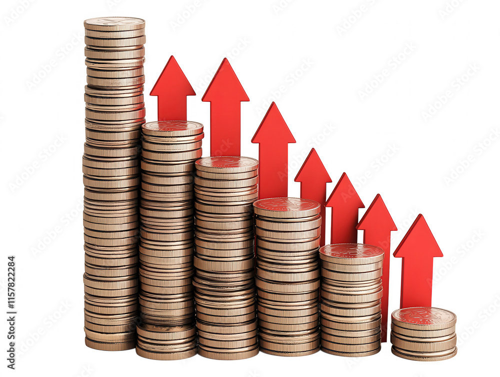 Poster a visual representation of economic trends: coins arranged in a staircase pattern with red arrows in