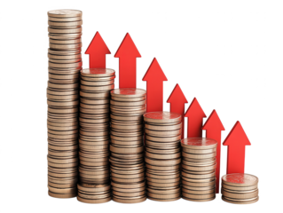 A Visual Representation of Economic Trends: Coins Arranged in a Staircase Pattern with Red Arrows Indicating Rising Inflation and Economic Challenges