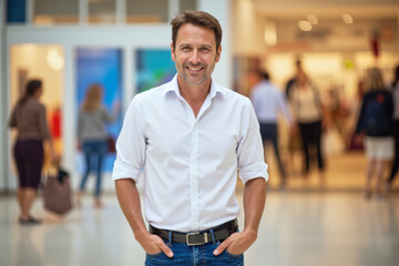 Fototapeta premium A lifestyle portrait photo of a person: A man in a white shirt and blue jeans standing in a mall.